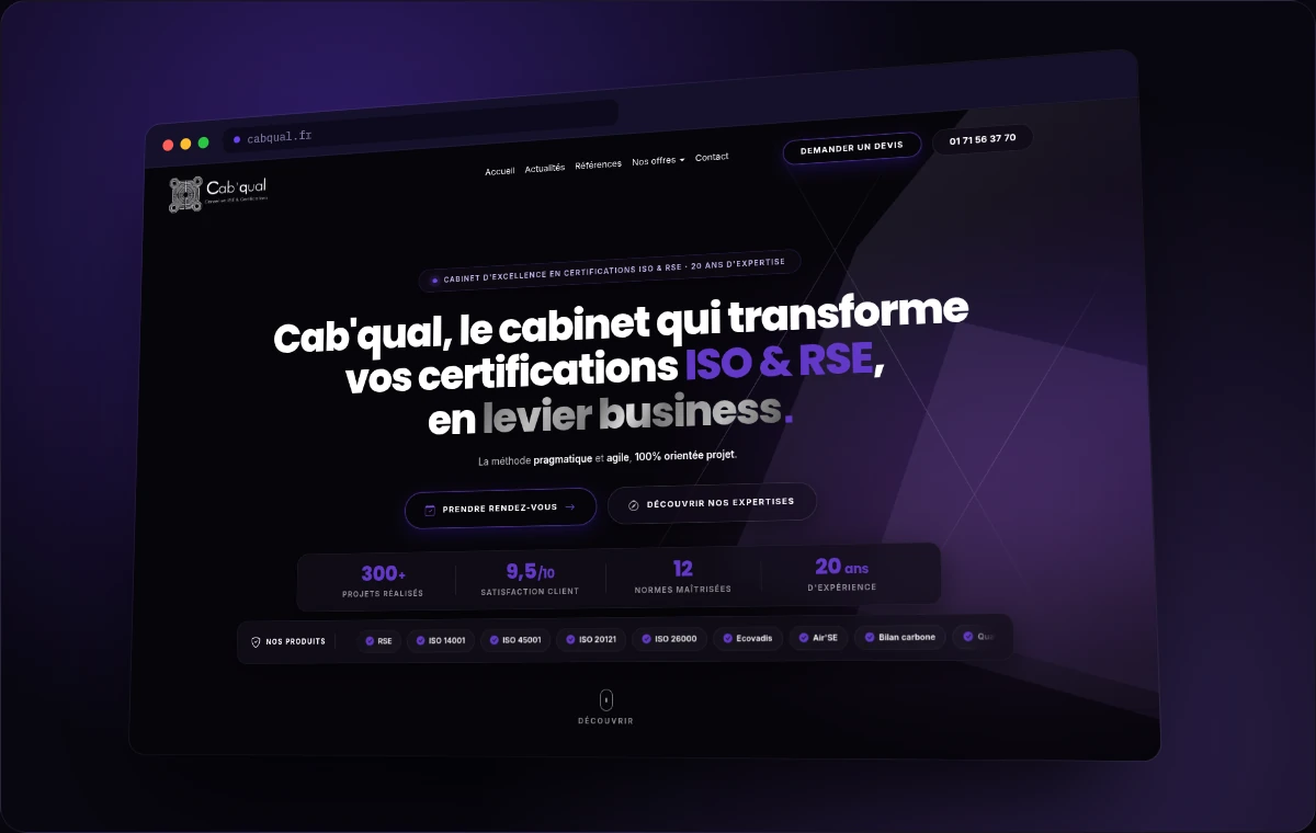Aperçu de la page d'accueil du site internet de Cab'qual réalisé par Uniflow Agency