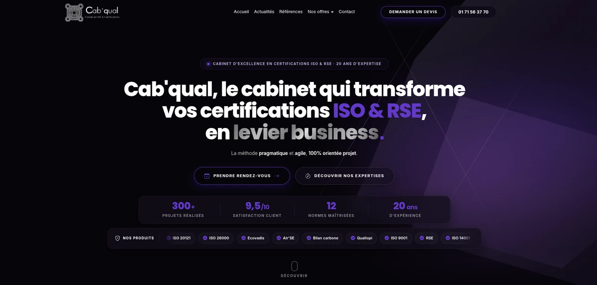 Aperçu du site internet de Cab'qual réalisé par Uniflow Agency