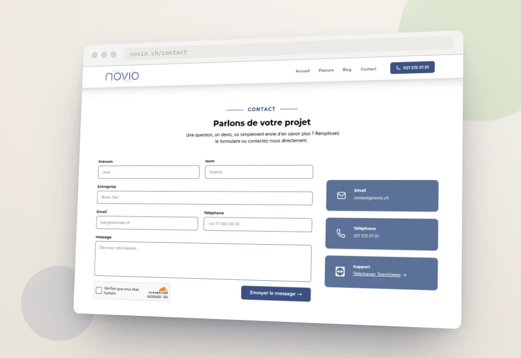 Page de contact du site Novio